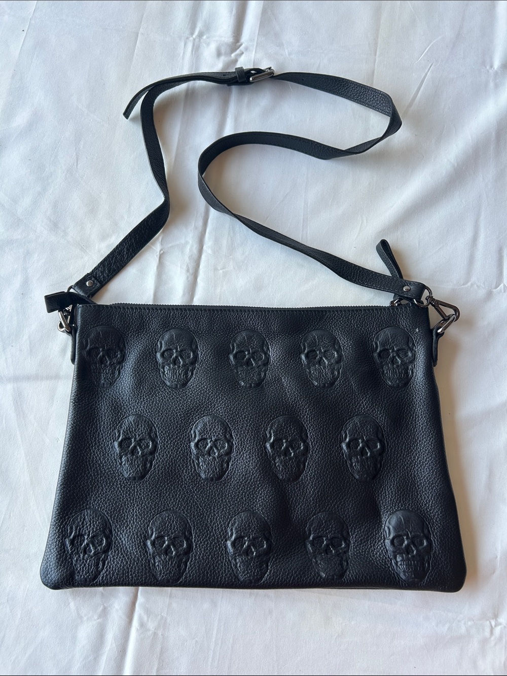 Black Embossed Skull Leather Crossbody Bag